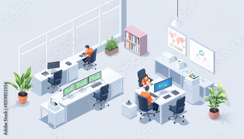 Isometric illustration of a modern office workspace with desks, computers, and team collaboration.