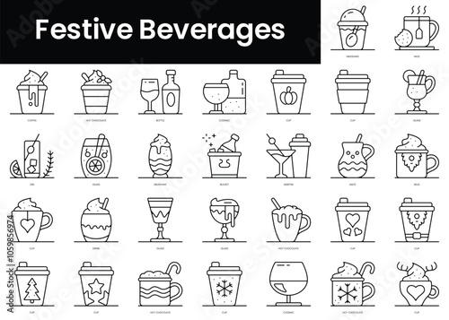 Set of outline festive beverages icons. Minimalist thin linear web icons bundle. vector illustration.