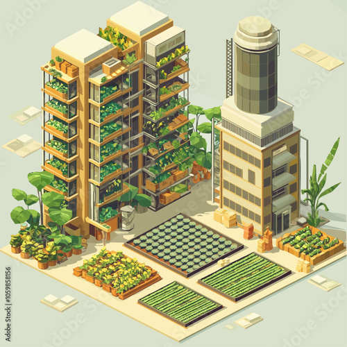 Isometric Urban Farm with Vertical Gardening