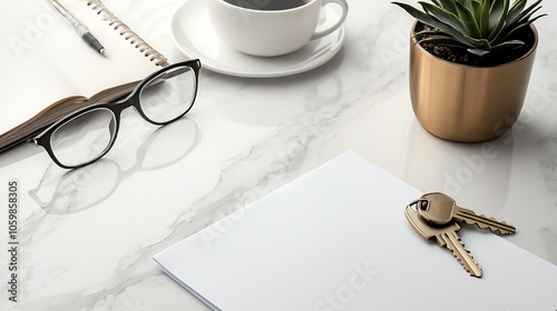 Approved mortgage papers and house keys on white desk, real estate finance theme, isolated