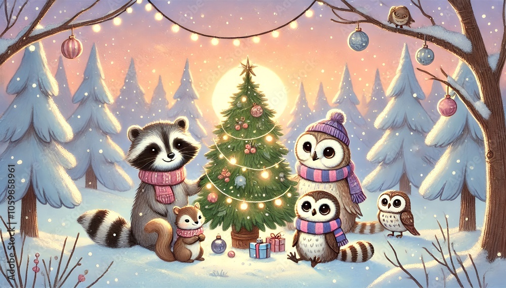 Naklejka premium Heartwarming Gathering of Woodland Animals Around a Christmas Tree in a Cozy Snowy Forest at Sunset