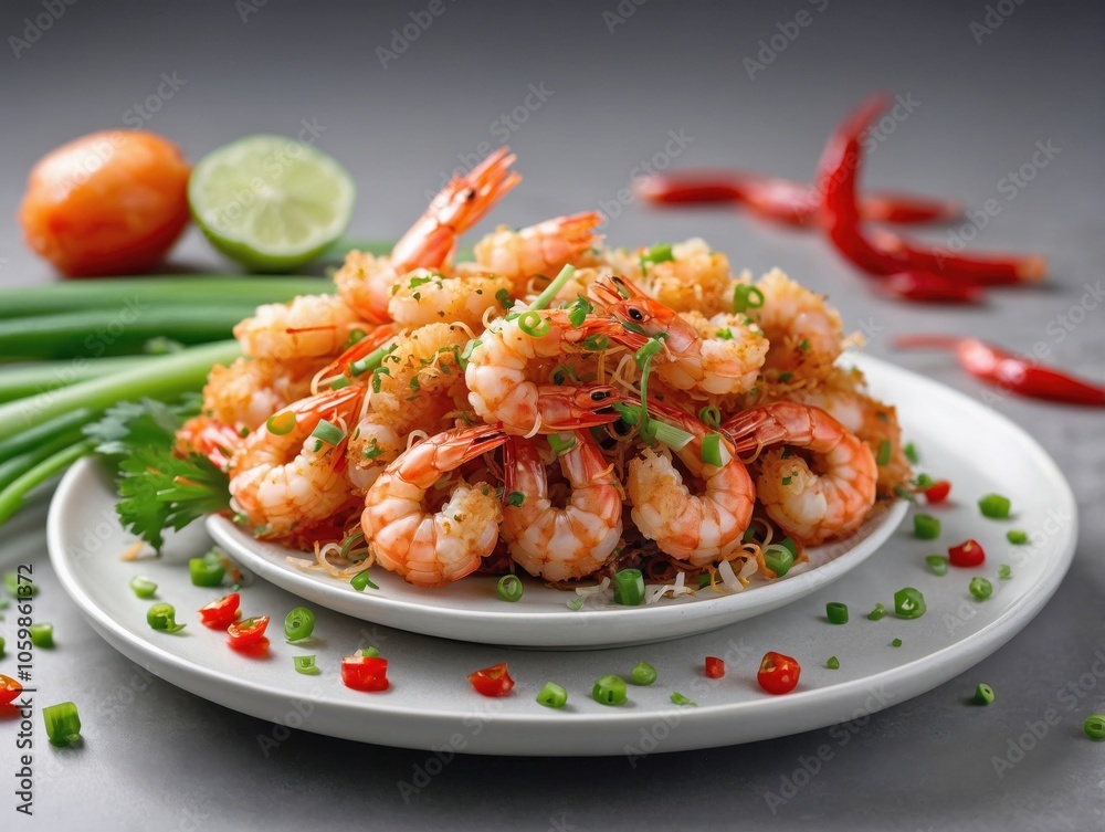 Crispy Salt and Pepper Shrimp on White Plate with Light Garnish on Bright Background Crispy Salt and Pepper Shrimp on White Plate with Light Garnish on Bright Background