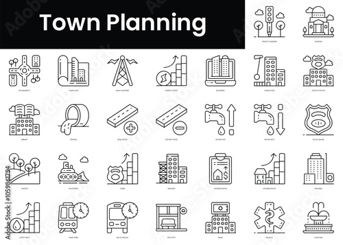 Set of outline town planning icons. Minimalist thin linear web icon set. vector illustration.