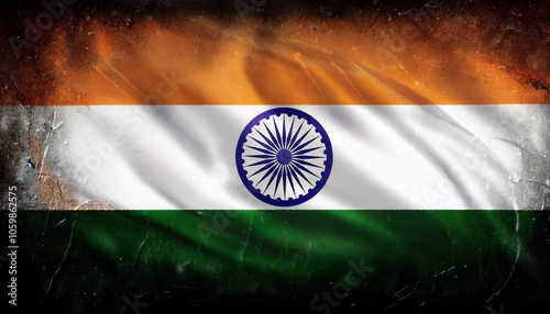 Worn Indian Flag: A Grunge-Textured Tribute to India's Heritage. photo