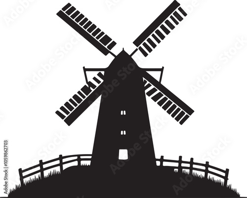 Windmill silhouette design vector art illustration isolated on transparent background