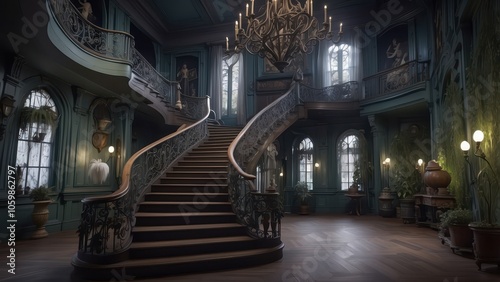 Haunted mansion architecture, staircase building photo