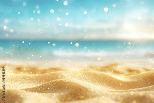 Beach scene with golden sand, blue water, and shimmering light.