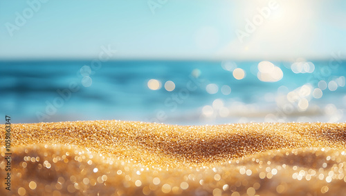 Golden sand and sea bokeh, sunlight, with copy space area.