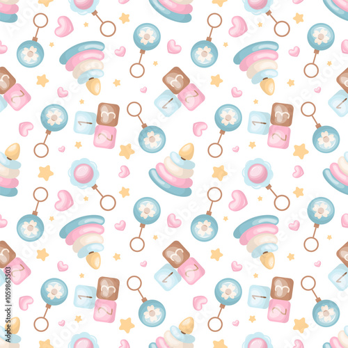 Seamless pattern with baby pyramid, rattle, cubes, hearts and stars. Ideal for baby clothes, textiles, packaging, web backgrounds, fabrics, wrapping paper, decoration. In pastel colors 