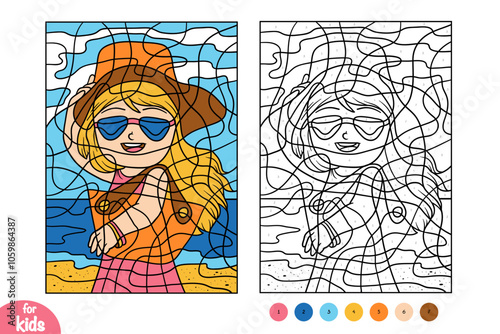 Color by number, education game for kids, cartoon girl in sunglasses