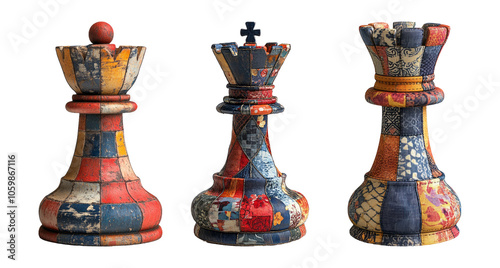 Colorful Vintage Chess Pieces On Transparent Background photo