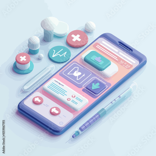 Isometric Mobile Health App Interface on Smartphone