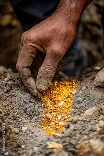 miner hand brushes away dirt to reveal sparkling gold vein, showcasing excitement of discovery in rugged environment