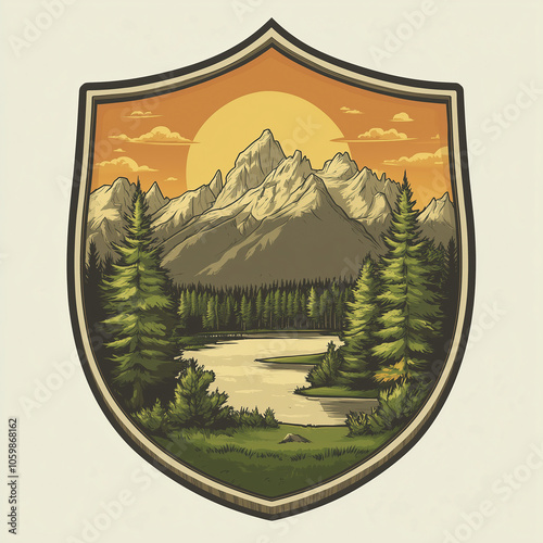 Shield badge logo of grand teton national park vintage scenic illustration for travel and adventure design element