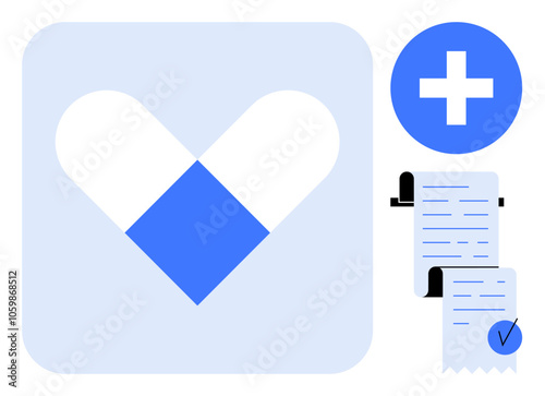 A heart shape with a medical cross and a prescription list. Ideal for healthcare, medical services, pharmacy, prescription management, and wellness. Simple and clean style
