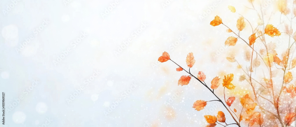 Fototapeta premium serene autumn background featuring delicate orange leaves against soft, light backdrop, evoking sense of tranquility and seasonal change