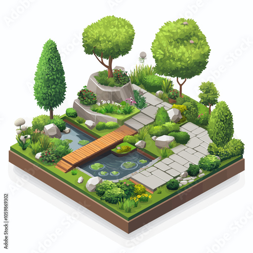 Isometric Landscape Design: Lush Gardens & Modern Architecture