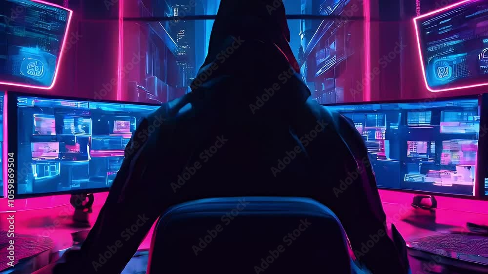 A hacker in a dark room with multiple monitors displaying code, a neon ...
