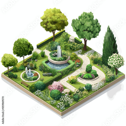 Isometric Landscape Design with Gardens