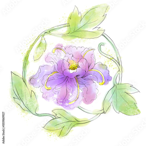 a purple flower and leaf fly motif painted in watercolors/수채화 느낌 보라색 꽃 모티브