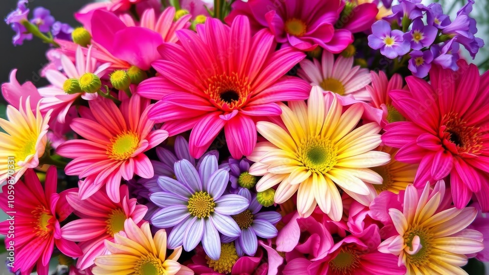 Fototapeta premium A close-up shot of a vibrant bouquet of assorted flowers with dew drops, nature, gift