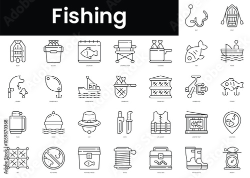 Set of outline fishing icons. Minimalist thin linear web icon set. vector illustration.