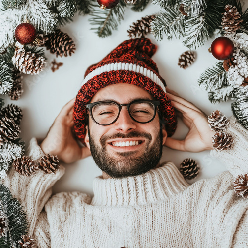 Hombre con gorro navideño rojo y lentes photo