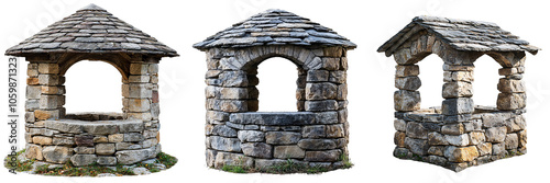 Stone well with arched roof ancient feel isolated on white and transparent background
