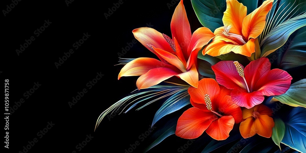 Fototapeta premium A vibrant and colorful bouquet of tropical flowers on a black background. This beautiful arrangement showcases bold petals and lush greenery. Ideal for floral designs, websites, or prints. AI