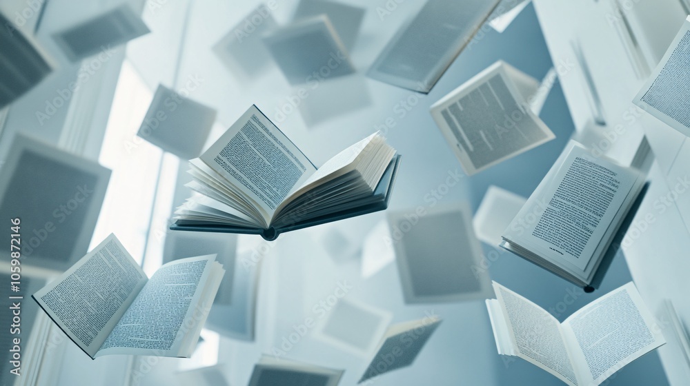 Obraz premium 2410 80.Hardcover books float in mid-air against a crisp white background, their pages open as if caught in mid-flight. The scene captures the sense of motion and creativity, with the books seemingly