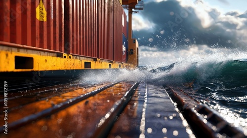 Stormy seas container nearly slips off ship deck in turbulent weather photo