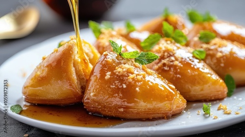 Delicious golden atayef pastries drizzled with syrup on a clean background photo