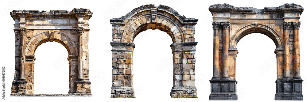 Fototapeta premium Roman arch with carvings historic architecture isolated on white and transparent background
