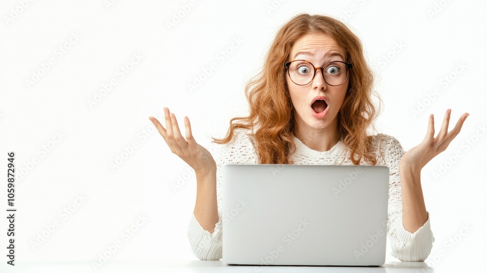 Naklejka premium Young businesswoman in shock staring at closed laptop against a clean white background