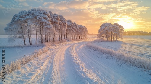 A tranquil winter evening unfolds as the sun sets, casting warm light over a winding snowy road bordered by frosted trees and peaceful fields. photo