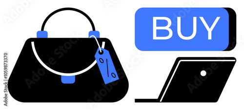 Handbag with a sales tag beside a laptop and prominent blue Buy button. Ideal for e-commerce, online shopping, retail promotions, digital purchases, consumerism, sales campaigns, and product