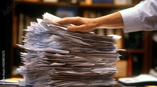 2410 22.A hand reaching for an overstuffed stack of papers on an office desk, showing the effort of managing and sorting through a high volume of documents. The office background is blurred, placing photo