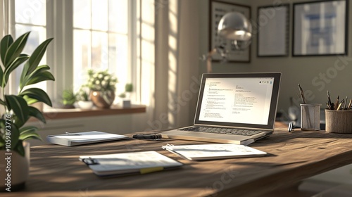 Wallpaper Mural 2410 94.A home office scene with a laptop and various documents laid out on a wooden desk. The workspace is bathed in natural light, offering a relaxed yet productive atmosphere. The organized setup Torontodigital.ca