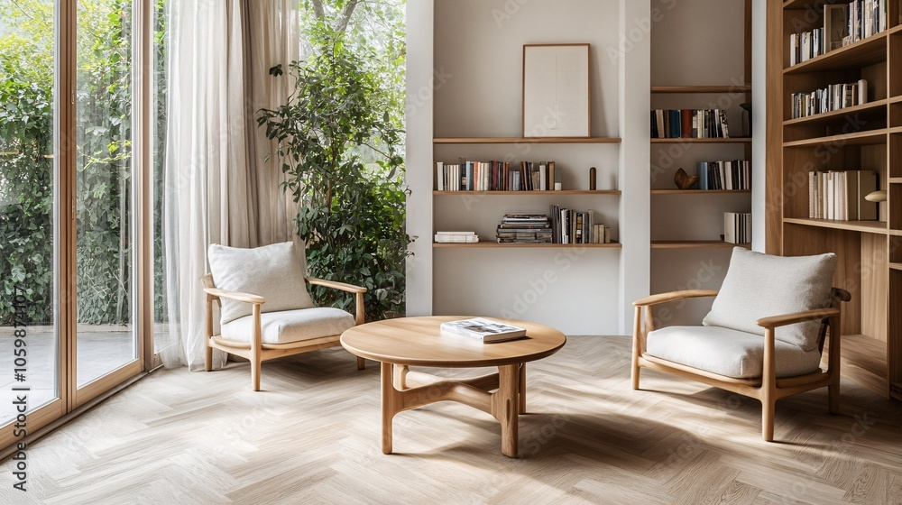 Fototapeta premium 2410 4.A minimalist Scandinavian living room featuring a wooden round table positioned next to a large window, wooden armchairs with soft fabric cushions, and a bookshelf holding various books and