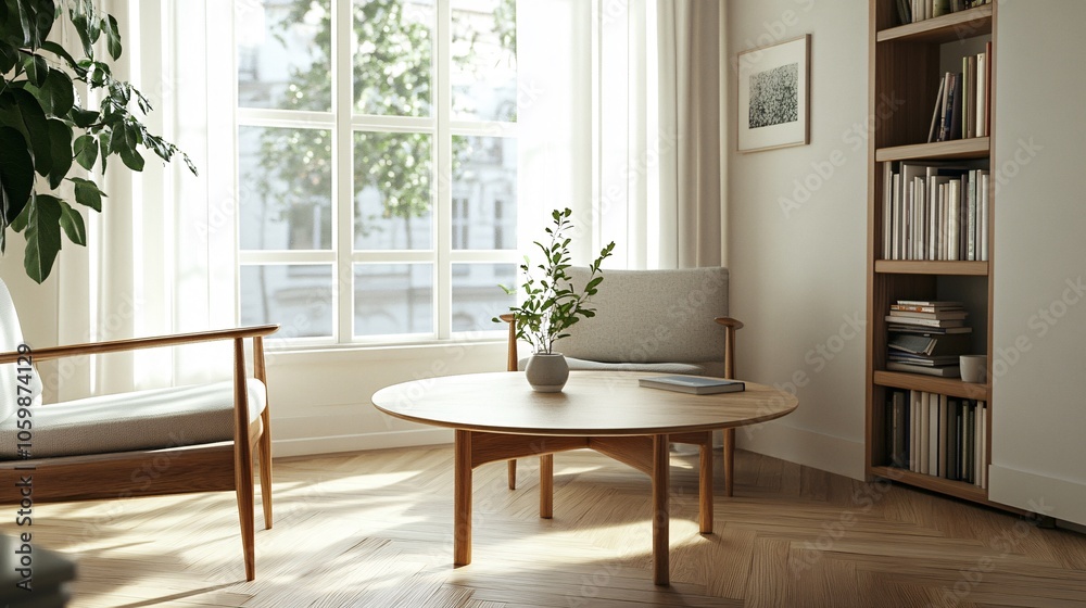 Fototapeta premium 2410 4.A minimalist Scandinavian living room featuring a wooden round table positioned next to a large window, wooden armchairs with soft fabric cushions, and a bookshelf holding various books and