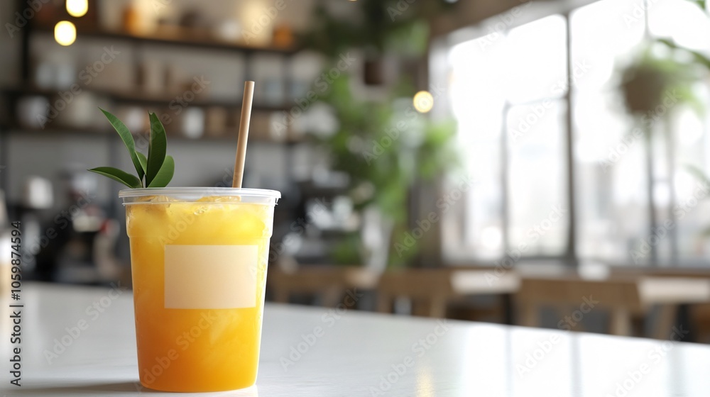 2410 11.A plastic cup of iced lemon tea with a brown straw is placed on a white counter, with a blurred cafe background. The cup features a blank white label, ideal for mockup purposes. The fresh, 2410 11.A plastic cup of iced lemon tea with a brown straw is placed on a white counter, with a blurred cafe background. The cup features a blank white label, ideal for mockup purposes. The fresh,