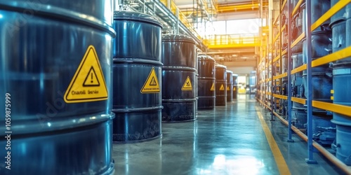 Industrial-grade chemicals in large storage tanks, labeled with safety warnings, in a factory setting