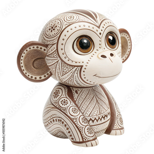 Cute ceramic Monkey figurine with intricate patterns, isolated on a transparent background photo