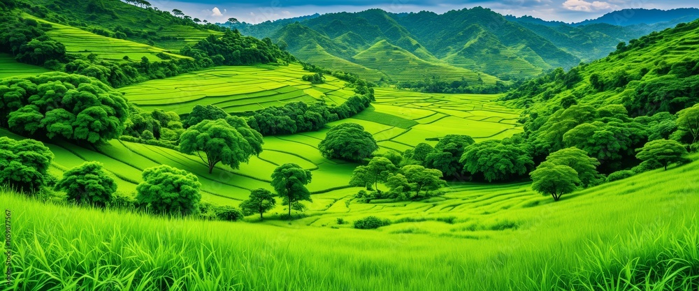Obraz premium Lush green terraced hills and valleys with dense forests and majestic mountains
