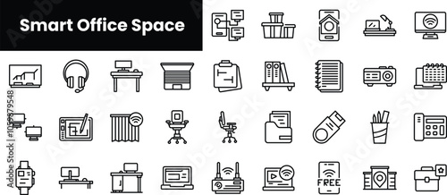 Set of outline smart office space icons