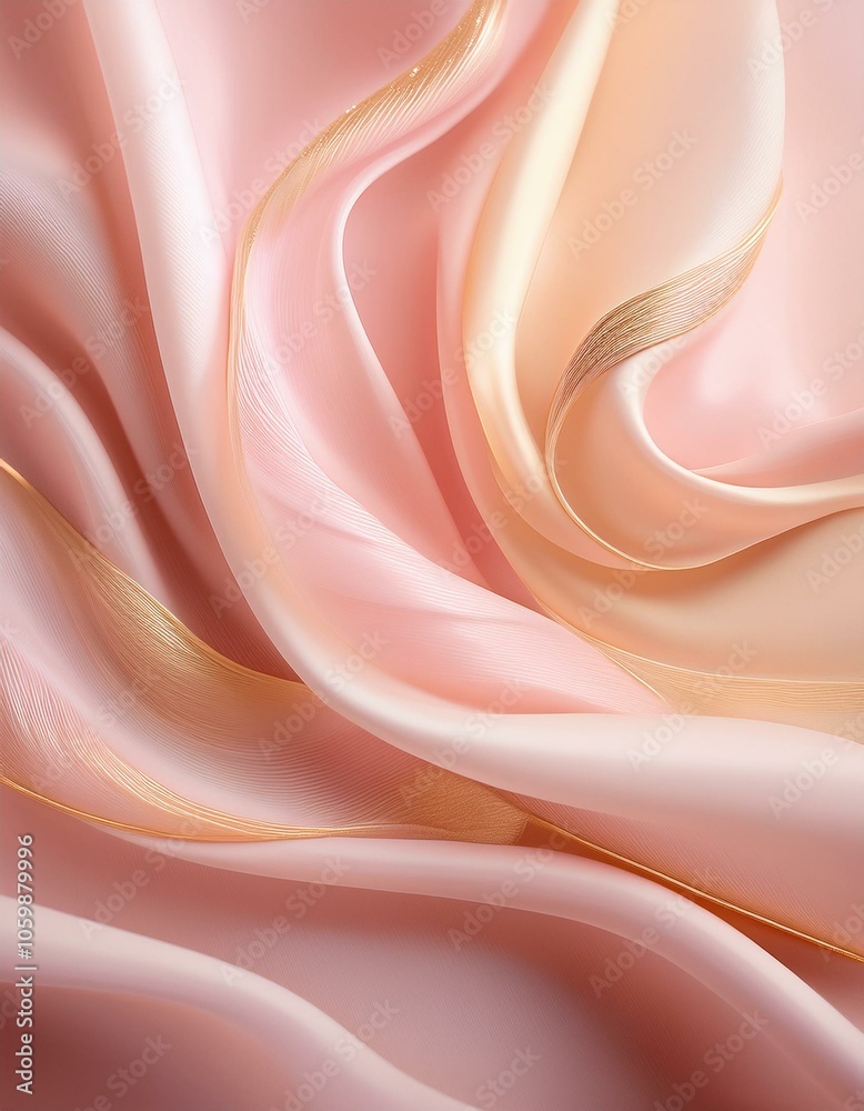 Fototapeta premium Delicate pink satin fabric with a hint of gold, creating a soft and luxurious feel.