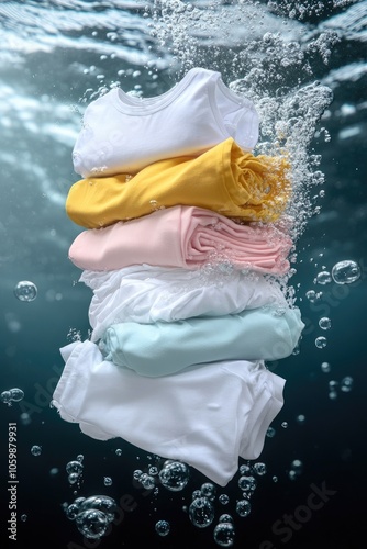 Pristine display: clothes floating gracefully in clear water, representing ideal of freshness and immaculate washing, capturing the essence of purity and the joy of wearing impeccably clean outfits. photo