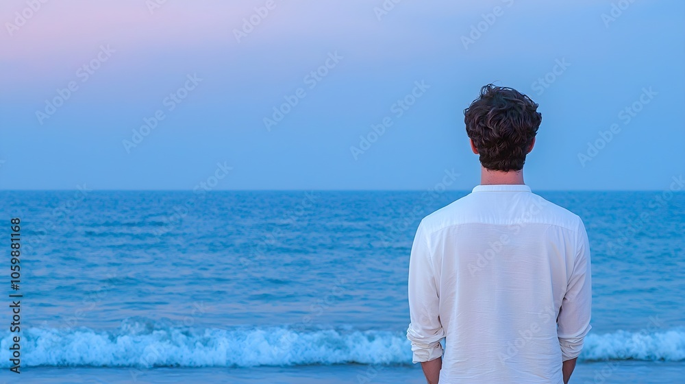 Fototapeta premium Serene Man by the Ocean at Dawn