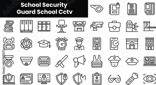 Set of outline school security guard school cctv icons