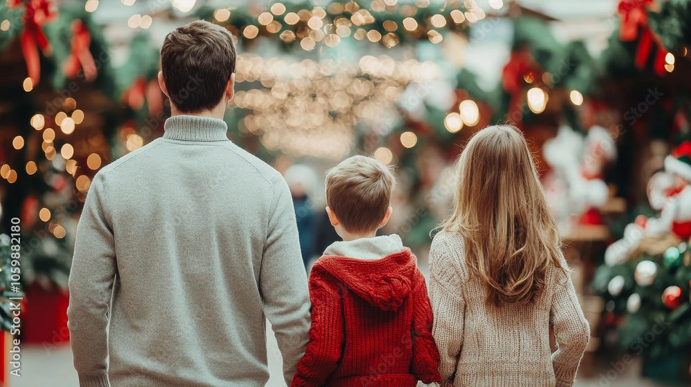 Fototapeta premium A heartwarming family moment at a festive holiday market filled with lights and cheer